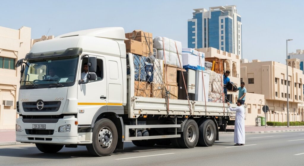 A stressed couple surrounded by cardboard boxes while talking to a mover in Dubai, illustrating the risks of hiring cheap movers in dubai and hidden costs during relocation.