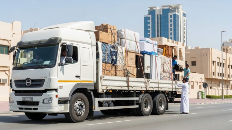 A stressed couple surrounded by cardboard boxes while talking to a mover in Dubai, illustrating the risks of hiring cheap movers in dubai and hidden costs during relocation.
