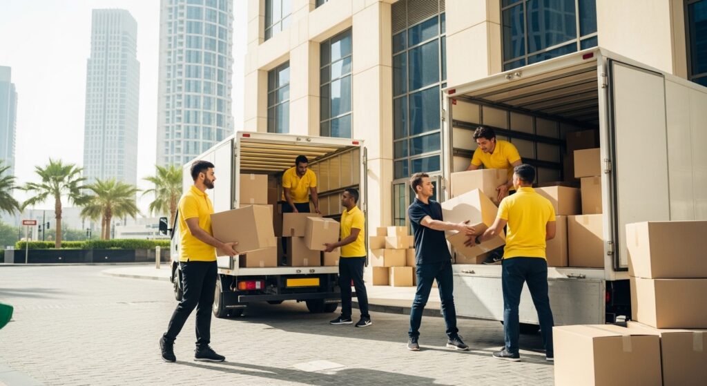 Professional movers in Business Bay loading boxes into a truck outside a high-rise building in Business Bay, Dubai, representing trusted local movers in the area.