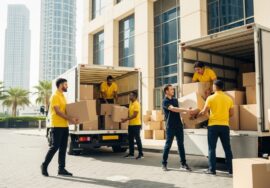 Professional movers in Business Bay loading boxes into a truck outside a high-rise building in Business Bay, Dubai, representing trusted local movers in the area.