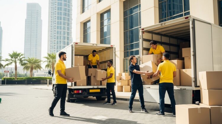 Professional movers in Business Bay loading boxes into a truck outside a high-rise building in Business Bay, Dubai, representing trusted local movers in the area.