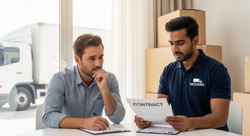A worried customer reviewing a moving contract with a mover in the UAE, highlighting the importance of avoiding moving companies scams in UAEand choosing the best packers and movers.