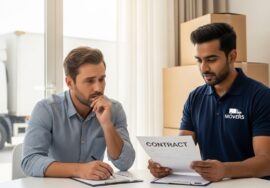 A worried customer reviewing a moving contract with a mover in the UAE, highlighting the importance of avoiding moving companies scams in UAEand choosing the best packers and movers.