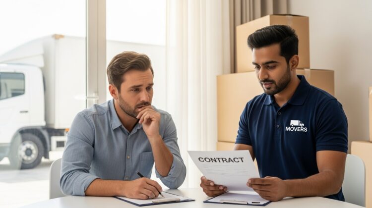 A worried customer reviewing a moving contract with a mover in the UAE, highlighting the importance of avoiding moving companies scams in UAEand choosing the best packers and movers.