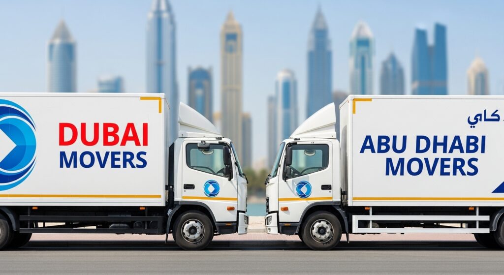 Two moving trucks labeled Dubai and Abu Dhabi side by side, representing a comparison between movers in Dubai vs Abu Dhabi and their moving services.